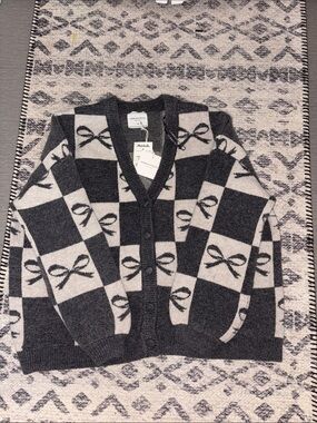 Sandro Wool-Blend Gray & Cream Checkered Cardigan Sweater